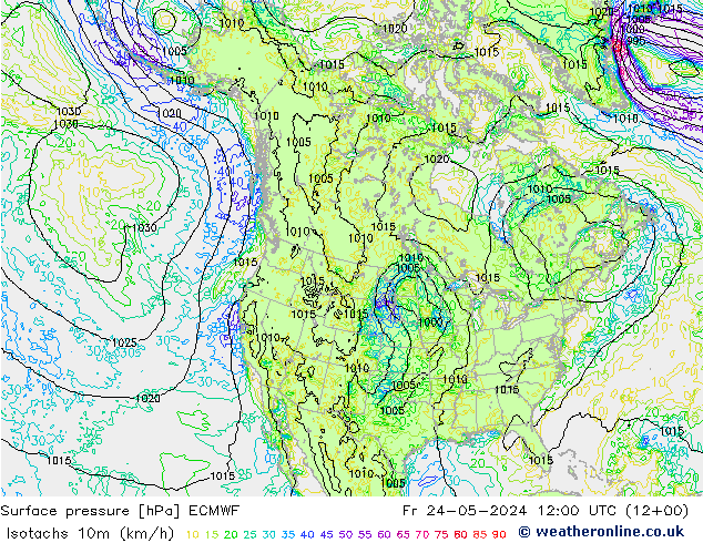 Isotachen (km/h) ECMWF Fr 24.05.2024 12 UTC