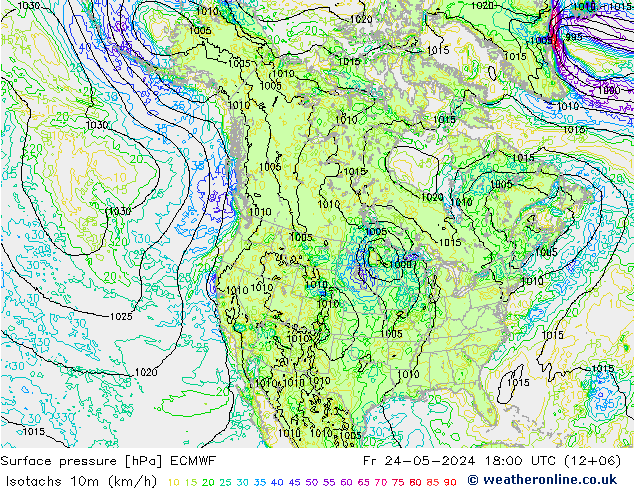 Isotachs (kph) ECMWF Sex 24.05.2024 18 UTC