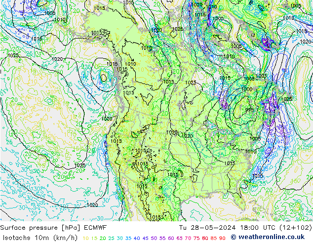 Eşrüzgar Hızları (km/sa) ECMWF Sa 28.05.2024 18 UTC