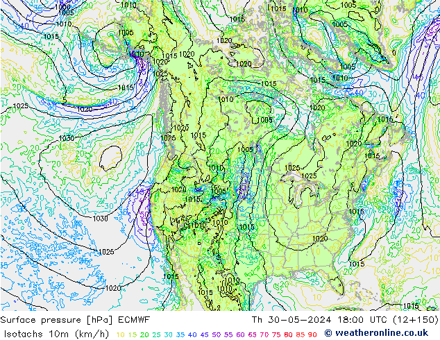 Isotachs (kph) ECMWF Th 30.05.2024 18 UTC