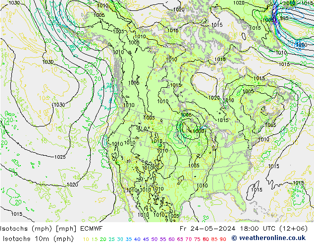 Isotachen (mph) ECMWF Fr 24.05.2024 18 UTC