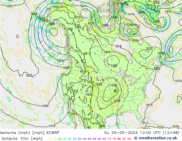 Isotachen (mph) ECMWF So 26.05.2024 12 UTC