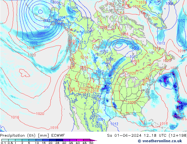 Precipitation (6h) ECMWF Sa 01.06.2024 18 UTC