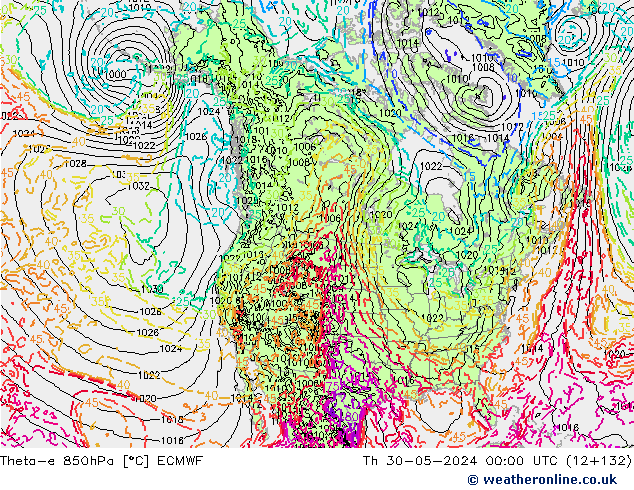 Theta-e 850hPa ECMWF Qui 30.05.2024 00 UTC