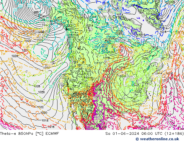 Theta-e 850hPa ECMWF sam 01.06.2024 06 UTC