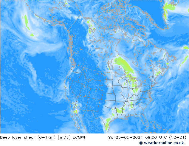 Deep layer shear (0-1km) ECMWF Sa 25.05.2024 09 UTC