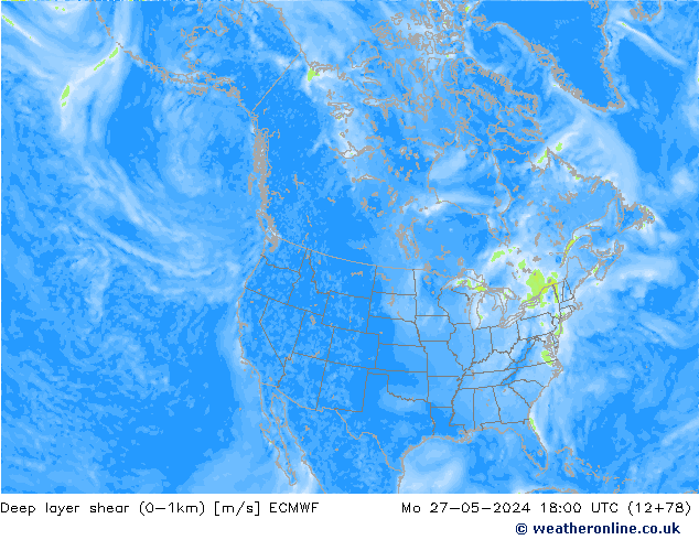 Deep layer shear (0-1km) ECMWF pon. 27.05.2024 18 UTC