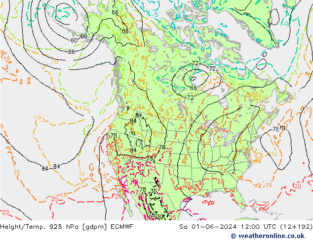 Height/Temp. 925 hPa ECMWF Sa 01.06.2024 12 UTC