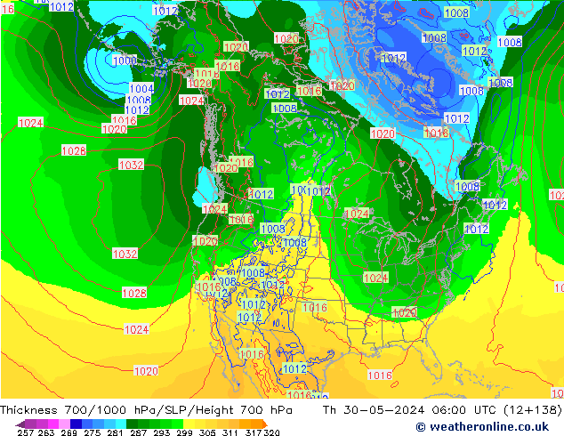 Espesor 700-1000 hPa ECMWF jue 30.05.2024 06 UTC