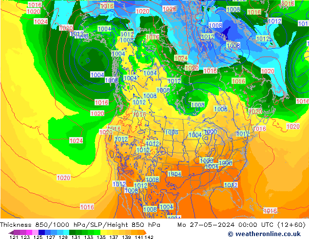 Thck 850-1000 hPa ECMWF pon. 27.05.2024 00 UTC