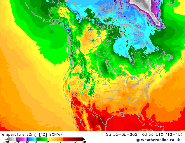 mapa temperatury (2m) ECMWF so. 25.05.2024 03 UTC