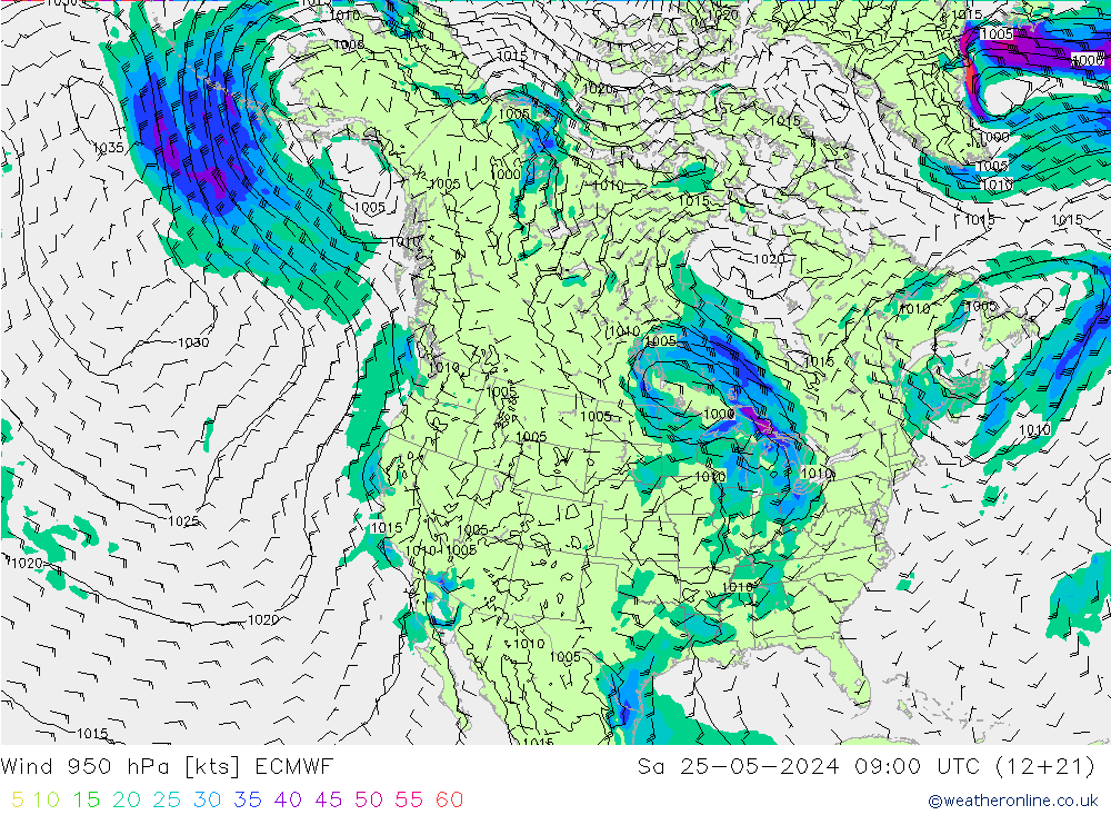 风 950 hPa ECMWF 星期六 25.05.2024 09 UTC