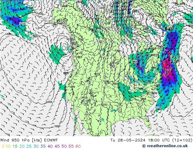 Vento 950 hPa ECMWF mar 28.05.2024 18 UTC