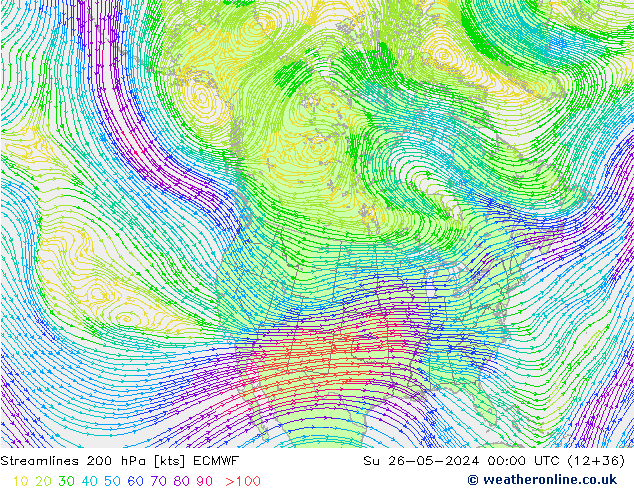 Linea di flusso 200 hPa ECMWF dom 26.05.2024 00 UTC