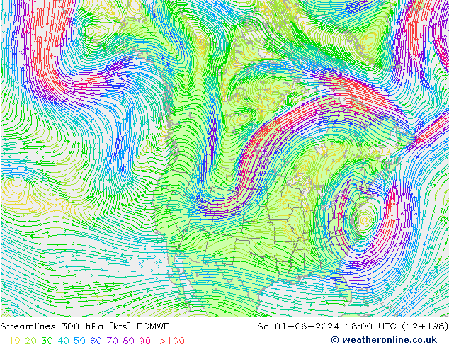 Ligne de courant 300 hPa ECMWF sam 01.06.2024 18 UTC