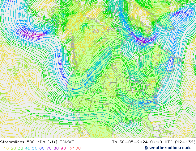 Línea de corriente 500 hPa ECMWF jue 30.05.2024 00 UTC