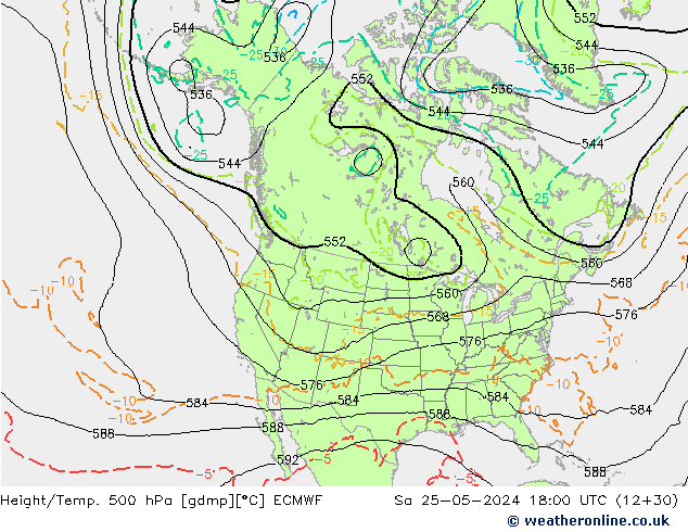 Z500/Rain (+SLP)/Z850 ECMWF Sa 25.05.2024 18 UTC