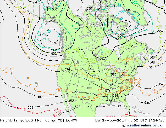 Z500/Rain (+SLP)/Z850 ECMWF пн 27.05.2024 12 UTC