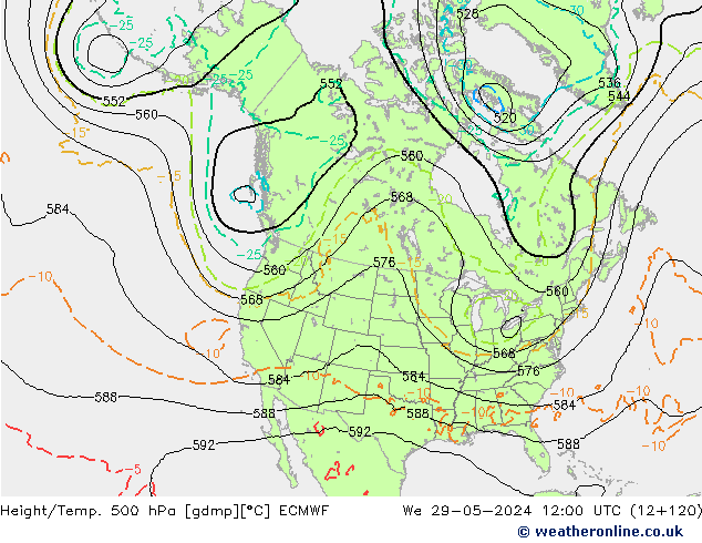 Z500/Rain (+SLP)/Z850 ECMWF Qua 29.05.2024 12 UTC