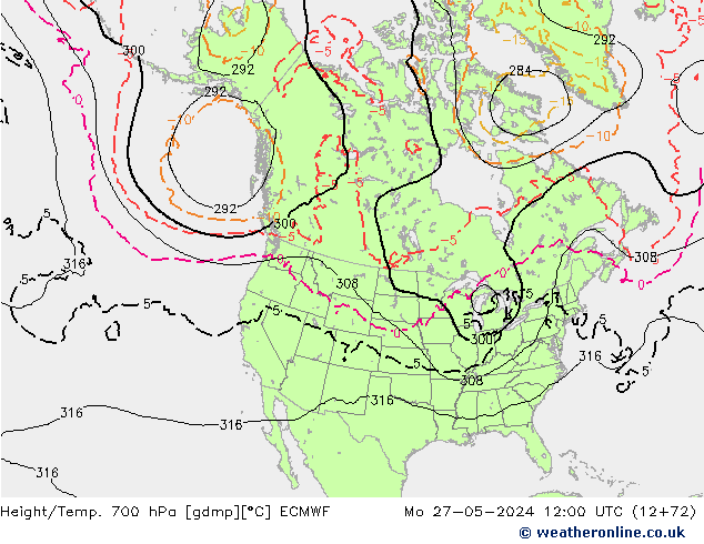 Height/Temp. 700 hPa ECMWF Mo 27.05.2024 12 UTC