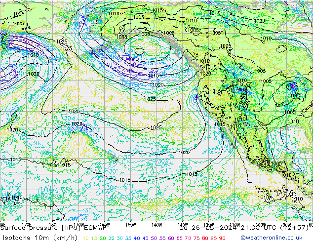 Eşrüzgar Hızları (km/sa) ECMWF Paz 26.05.2024 21 UTC