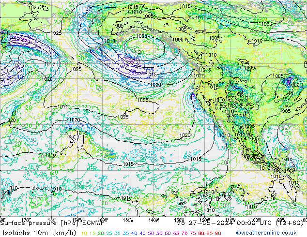 Isotachs (kph) ECMWF Mo 27.05.2024 00 UTC