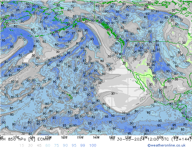 RH 850 hPa ECMWF gio 30.05.2024 12 UTC