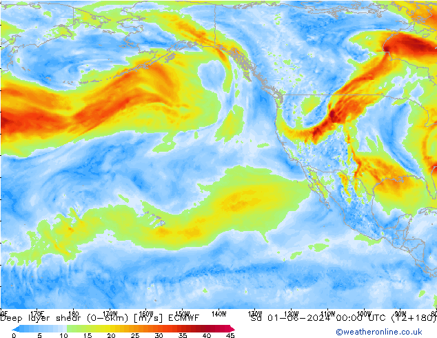 Deep layer shear (0-6km) ECMWF Sa 01.06.2024 00 UTC