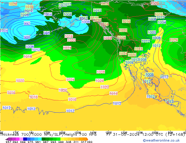 Thck 700-1000 hPa ECMWF ven 31.05.2024 12 UTC