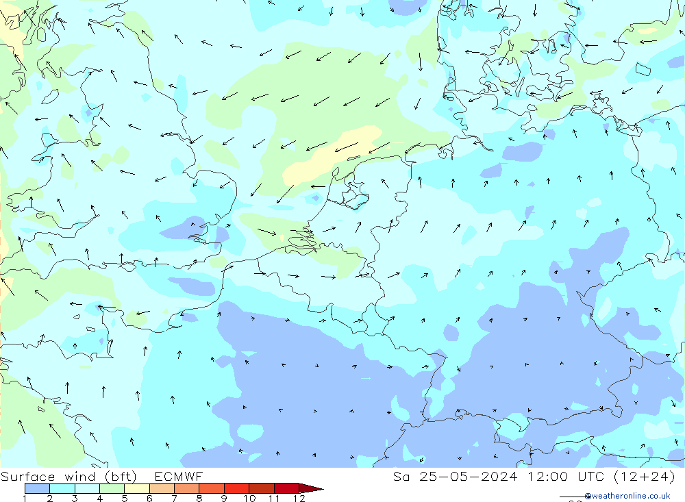 Vento 10 m (bft) ECMWF Sáb 25.05.2024 12 UTC