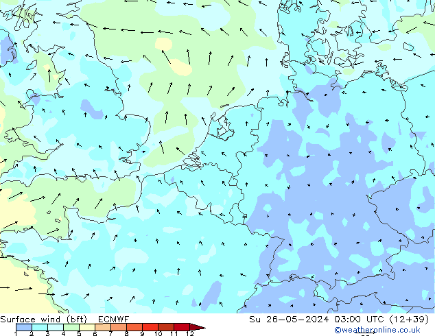 Surface wind (bft) ECMWF Su 26.05.2024 03 UTC