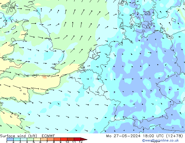 Surface wind (bft) ECMWF Po 27.05.2024 18 UTC