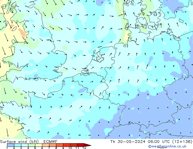 Surface wind (bft) ECMWF Th 30.05.2024 06 UTC