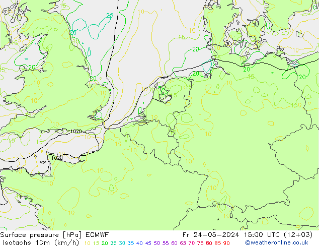 Isotachen (km/h) ECMWF Fr 24.05.2024 15 UTC