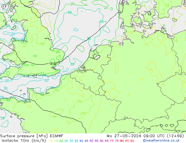 Isotachs (kph) ECMWF lun 27.05.2024 09 UTC