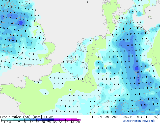 Z500/Rain (+SLP)/Z850 ECMWF Út 28.05.2024 12 UTC