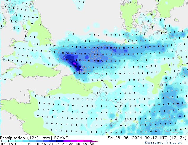 Precipitation (12h) ECMWF Sa 25.05.2024 12 UTC