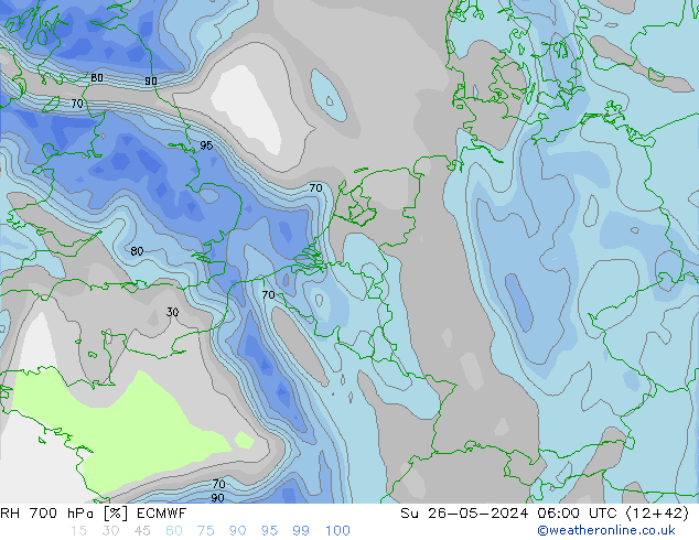 RH 700 hPa ECMWF Su 26.05.2024 06 UTC