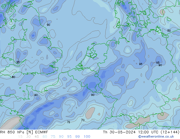 RH 850 hPa ECMWF czw. 30.05.2024 12 UTC