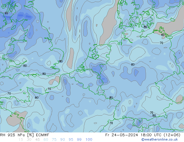 Humedad rel. 925hPa ECMWF vie 24.05.2024 18 UTC