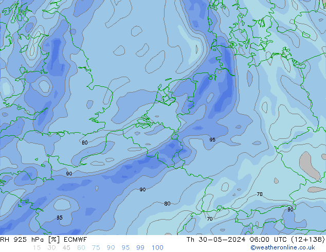 Humidité rel. 925 hPa ECMWF jeu 30.05.2024 06 UTC