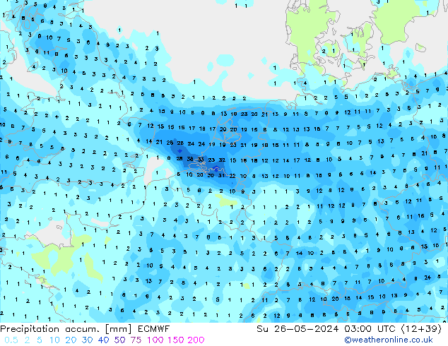 Precipitación acum. ECMWF dom 26.05.2024 03 UTC