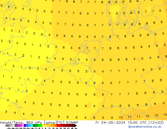 Height/Temp. 850 hPa ECMWF Fr 24.05.2024 15 UTC