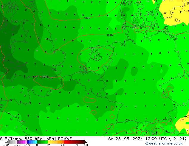 SLP/Temp. 850 hPa ECMWF Sa 25.05.2024 12 UTC