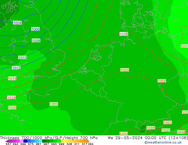 Thck 700-1000 hPa ECMWF mer 29.05.2024 00 UTC