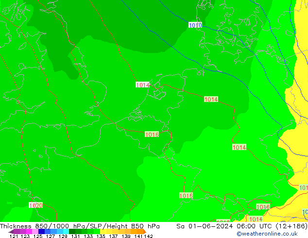 Thck 850-1000 гПа ECMWF сб 01.06.2024 06 UTC