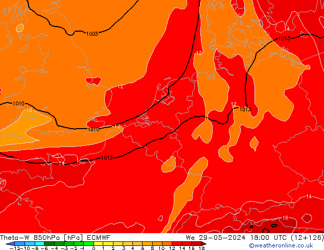 Theta-W 850гПа ECMWF ср 29.05.2024 18 UTC