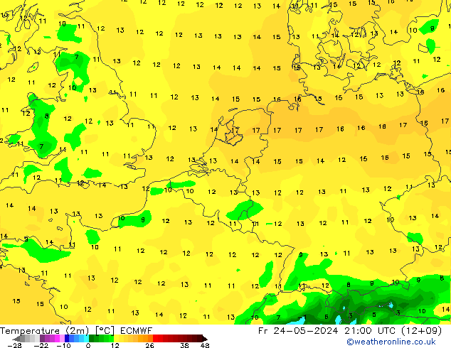 Temperature (2m) ECMWF Pá 24.05.2024 21 UTC