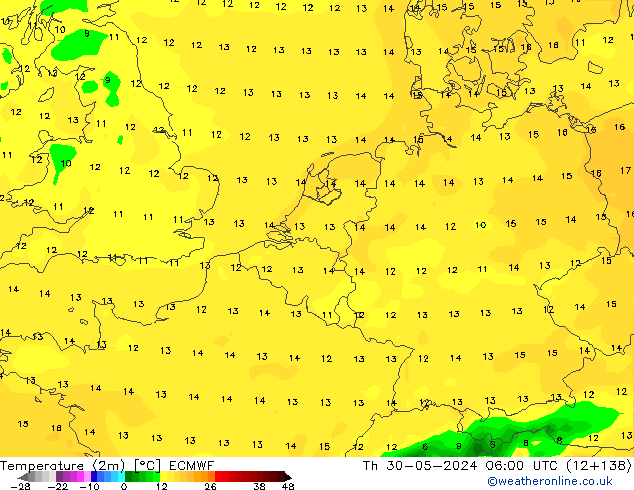 Temperature (2m) ECMWF Th 30.05.2024 06 UTC