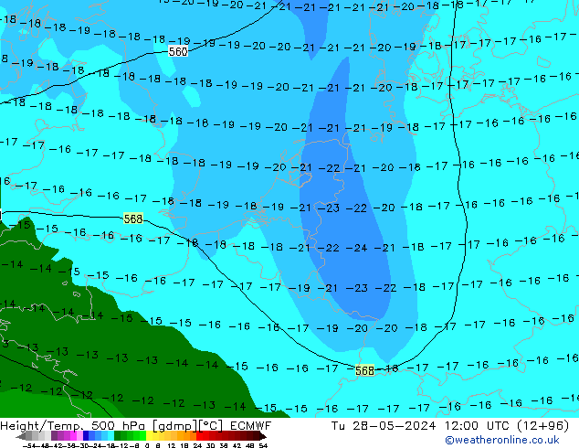 Z500/Rain (+SLP)/Z850 ECMWF Út 28.05.2024 12 UTC